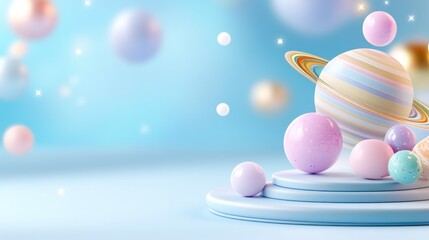 Colorful planets floating on platforms, shiny stars for product presentation or kids space concept