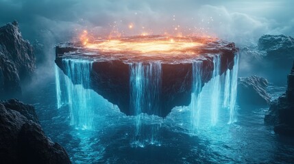 Floating Island with Fiery Core and Waterfalls Surrounded by Mystic Fog and Dramatic Landscape