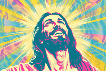 Illustration of Jesus Christ Resurrected glowing with divine light and happiness as he returns on Easter Sunday with glory