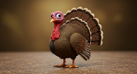 Cartoon Turkey Standing Profile with Colorful Tail Feathers on Brown Surface