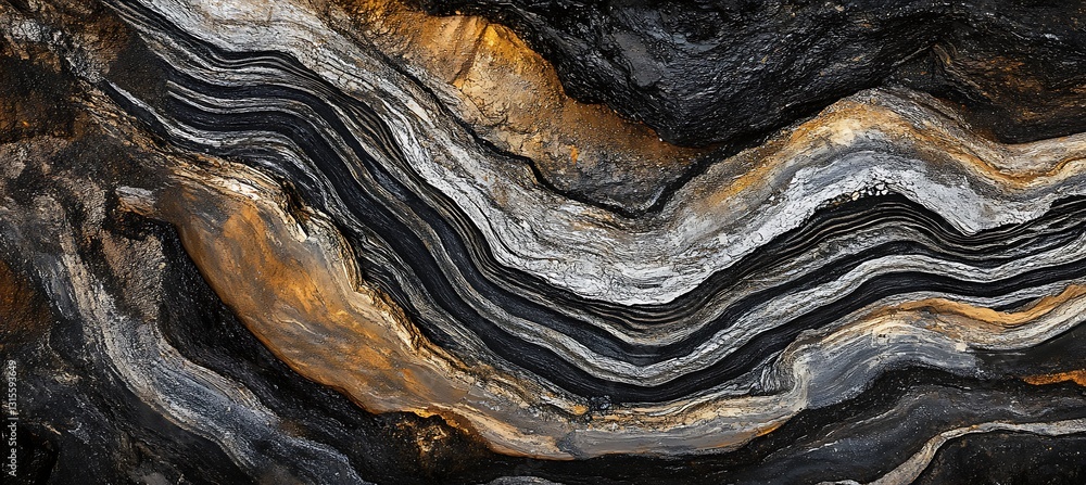 Poster a high-angle view of a large open pit coal mine with heavy machinery and excavation work in progress