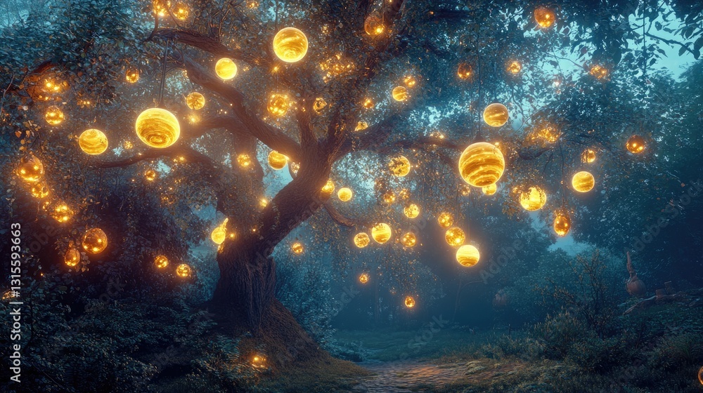 Aufkleber enchanted tree surrounded by glowing orbs in mystical forest setting at twilight hour