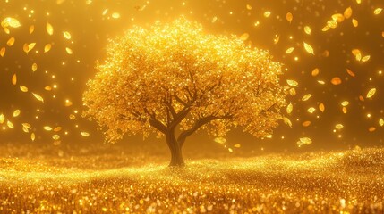 Majestic Golden Tree Surrounded by Sparkling Leaves and Glimmering Landscape in a Dreamy, Enchanting Atmosphere