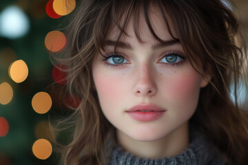 Close-up portrait of a beautiful young woman with blue eyes and lights bokeh in the background.