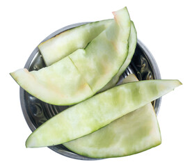 Close-up of empty melon skin pieces in a bowl
