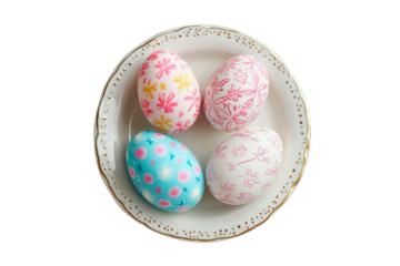 Easter eggs with patterns in plate isolated on transparent background