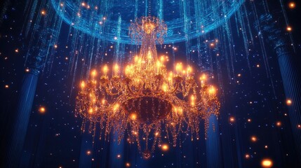 Elegant golden chandelier illuminated with vibrant lights in a majestic setting with sparkling ambiance and shimmering decorations