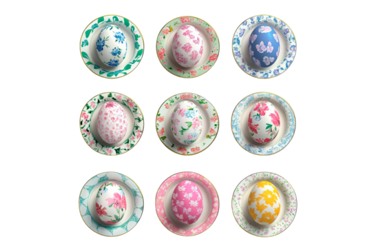 Easter eggs with patterns in plate isolated on transparent background
