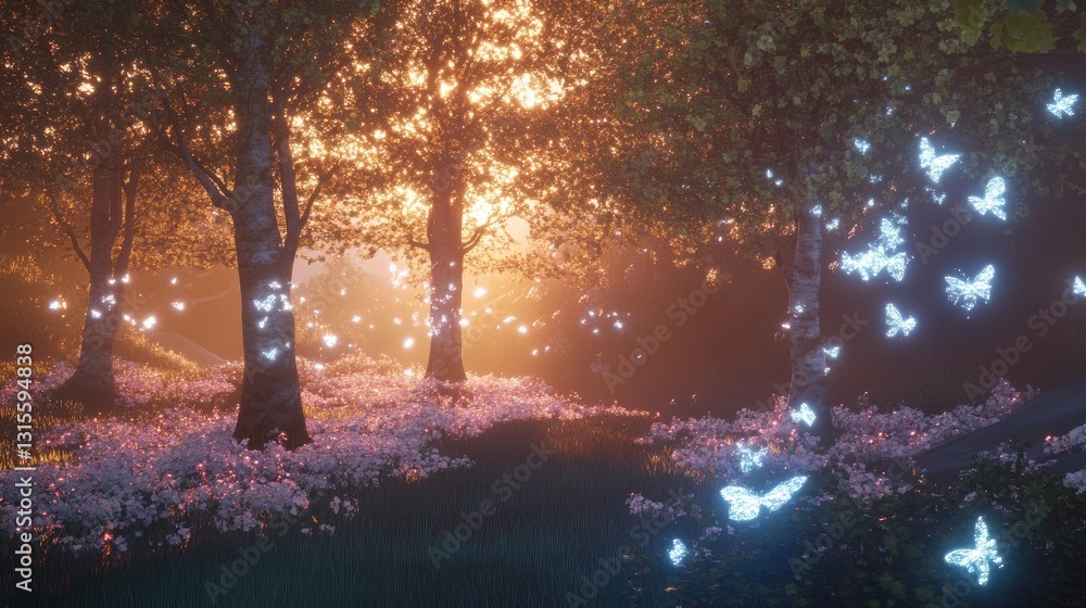 Poster enchanted forest at dusk with glowing butterflies and soft sunlight filtering through trees