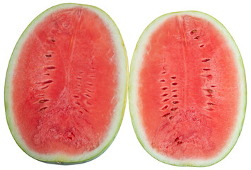 Halved juicy ripe watermelon showing vibrant and fresh red interior, top view