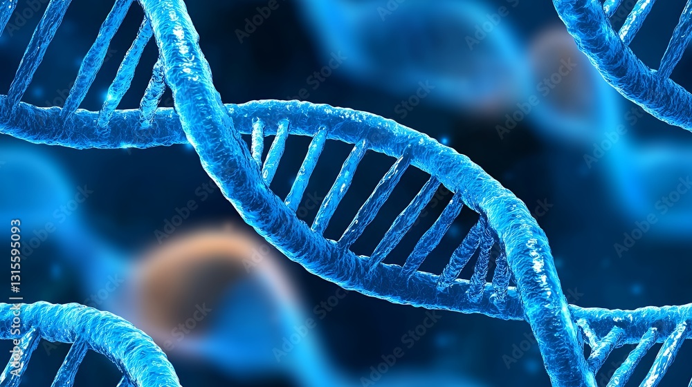 Poster abstract 3d rendering of blue dna double helix molecular structure on dark background