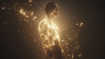Fototapeta premium Ethereal Silhouette of a Human Figure Illuminated by Sparkling Stardust in a Cosmic Background