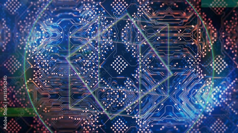Poster glowing lines and geometric shapes creating animation on complex circuit board