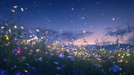 Enchanting Night Sky Over a Vibrant Wildflower Meadow Illuminated by Twinkling Stars