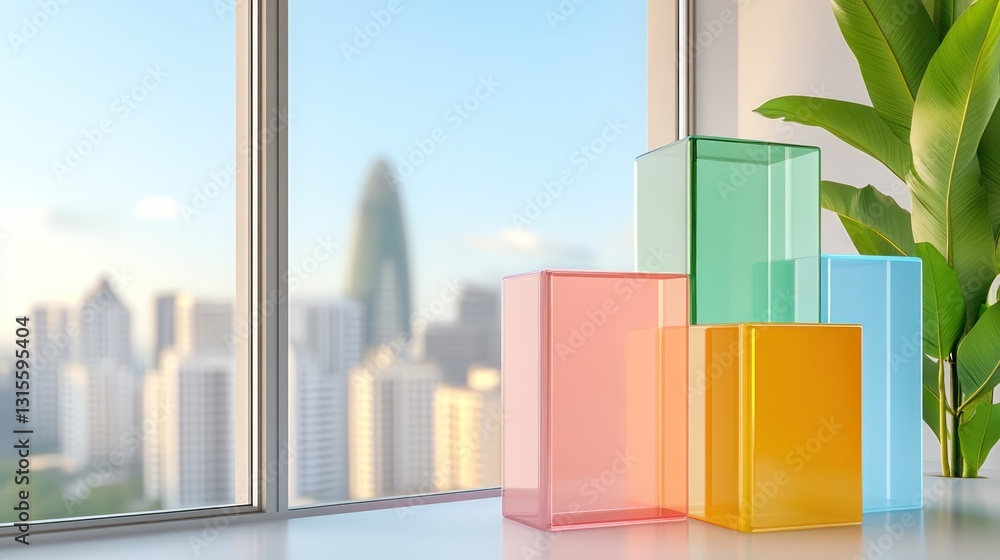 Aufkleber colorful transparent blocks showcase product against blurred city view by window. possible use adver