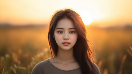 Fototapeta premium serene portrait of young Asian woman with long hair, glowing in sunset light, surrounded by golden fields.