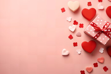 valentines day tabletop decoration with paper hearts and gift box 
