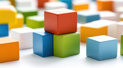 Obraz premium Colorful wooden blocks stacked to illustrate creativity, learning, and teamwork on a white background