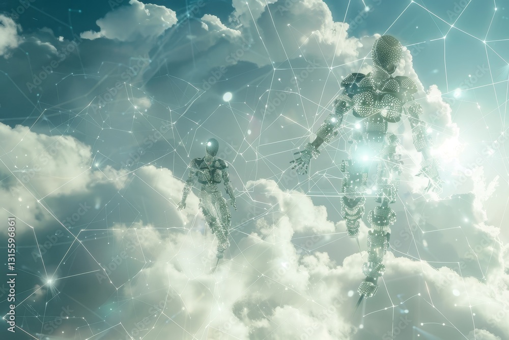 Poster two cybernetic beings float in the clouds, connected by a network of light, cybernetic beings floati