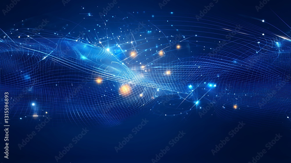 Poster abstract blue data flow glowing particles and dynamic waves in dark background