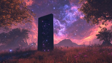 Mysterious Cosmic Doorway Surrounded by Nature under a Starry Sky in Vibrant Colors
