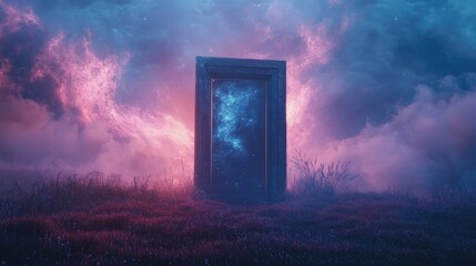 A Mysterious Cosmic Doorway in a Surreal Dreamy Landscape with Colorful Nebula Background