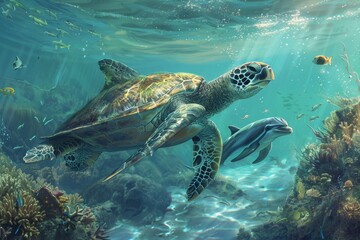A sea turtle and dolphin swim peacefully through a coral reef, A peaceful underwater sanctuary where sea turtles and dolphins coexist harmoniously