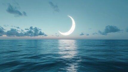 Serene Night Sky with Crescent Moon Over Tranquil Ocean Waves and Gentle Clouds