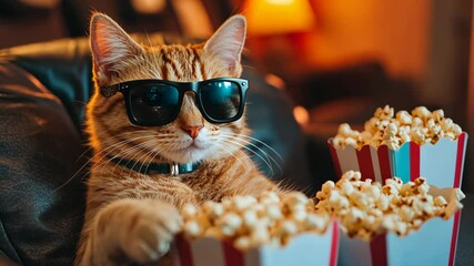 Cat wearing sunglasses enjoys popcorn at home during movie night with cozy lighting
