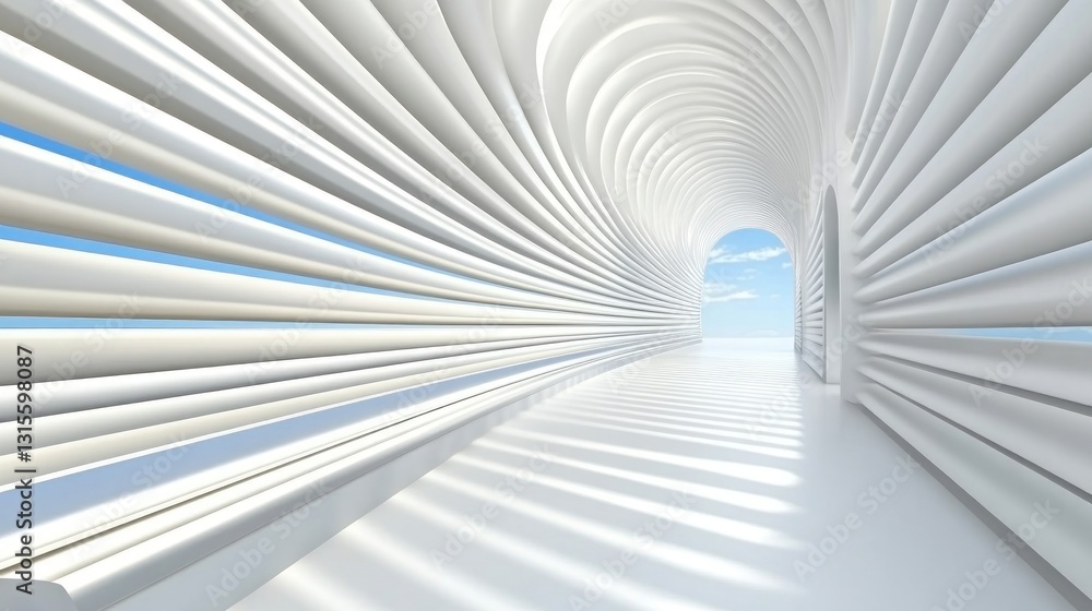 Poster corridor view abstract architecture with white structure, and blue sky for architectural display