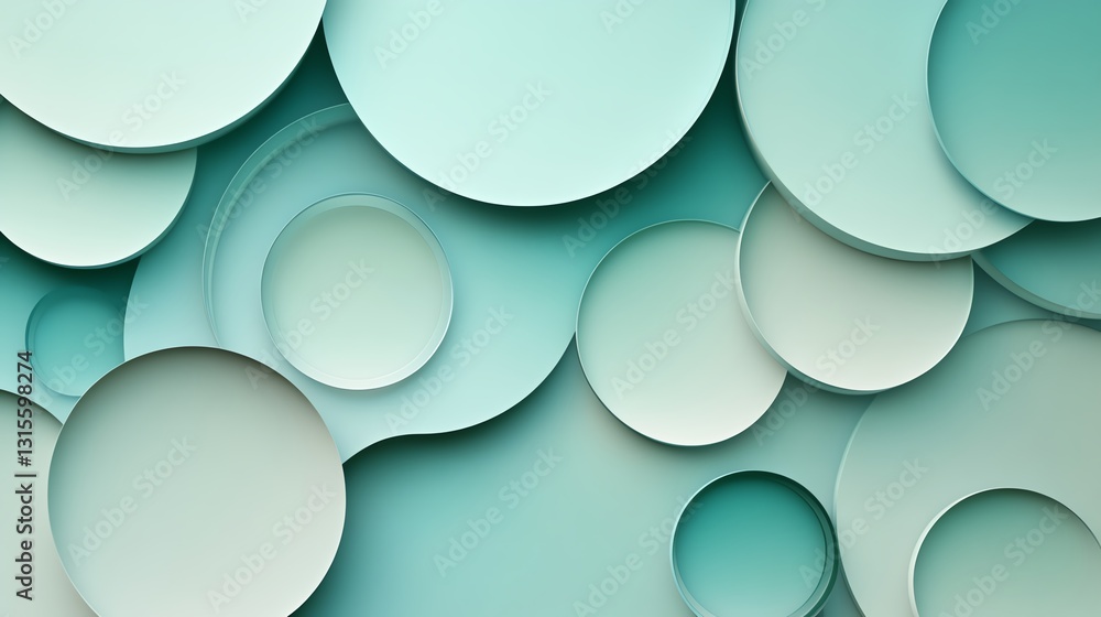 Poster abstract composition of layered circular shapes in varying sizes and shades of green in a modern des
