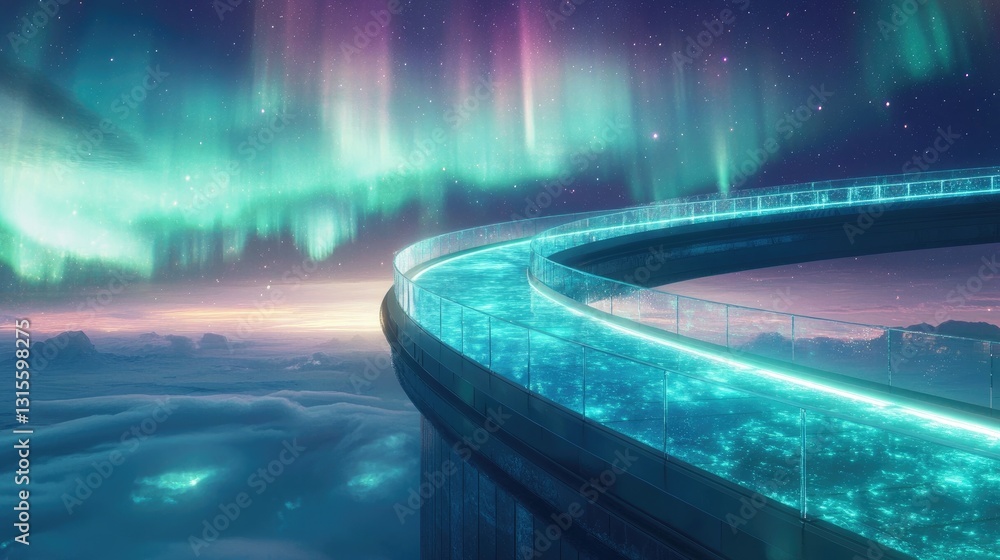 Aufkleber magical view of illuminated path under vibrant aurora borealis over serene clouds at twilight