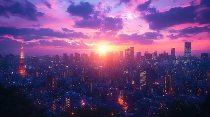 Fototapeta premium Tokyo cityscape sunrise, vibrant sky, urban panorama, travel poster