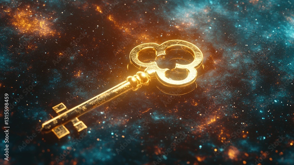 Poster golden key floating in colorful cosmic background with nebula and stars in a dreamy and mysterious s