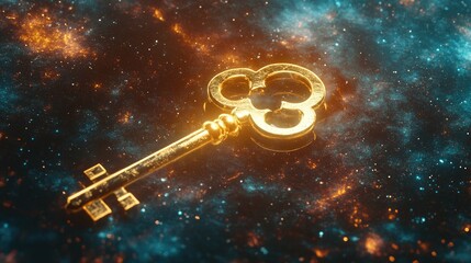 Golden Key Floating in Colorful Cosmic Background with Nebula and Stars in a Dreamy and Mysterious Setting