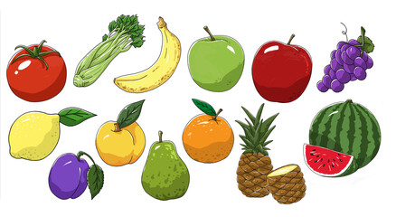 Conjunto de frutas y verduras sobre fondo blnaco