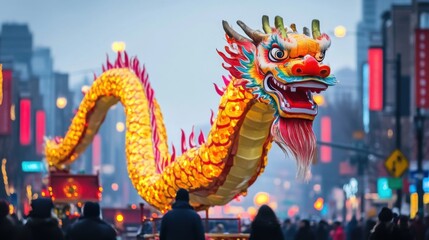 Fototapeta premium Colorful Dragon Parade Float During Festive Celebration Event