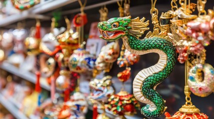 Colorful Dragon Figurine Among Decorative Ornaments in a Shop