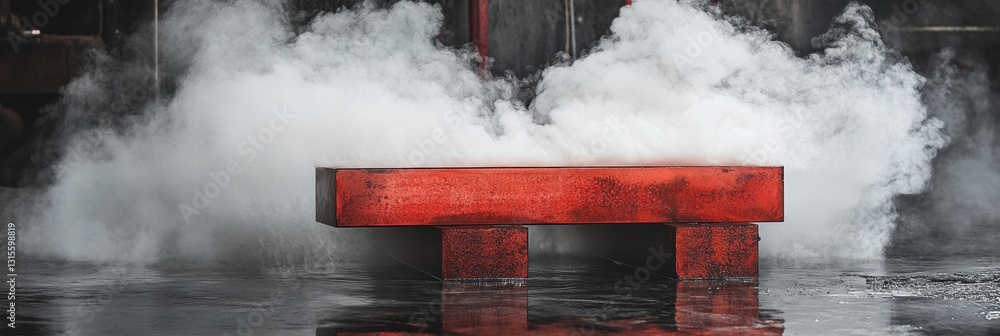 Poster red hot metal billets undergo tempering in workshop as steam clouds rise, creating an energetic and 
