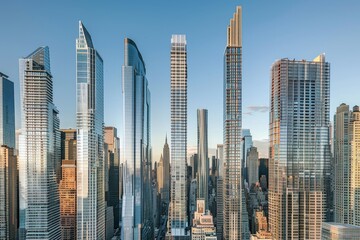 Obraz premium A close-up view of a row of buildings in New York City, showcasing a mix of architectural styles, The diverse mix of architectural styles in New York's skyline