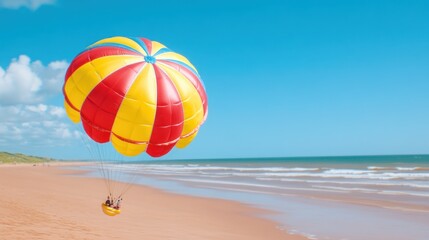 Couple parasailing on a sunny beach; ocean waves and coastal dunes in background. Leisure activity
