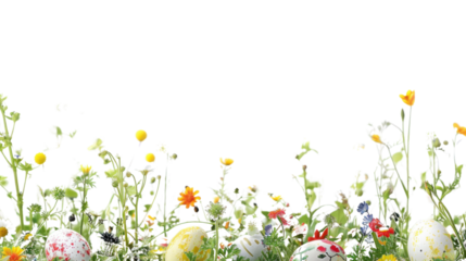 Easter eggs hiding in wildflowers on transparent background