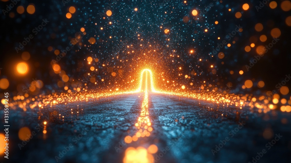 Poster glowing pathway of light with glittering particles creating a dreamlike atmosphere