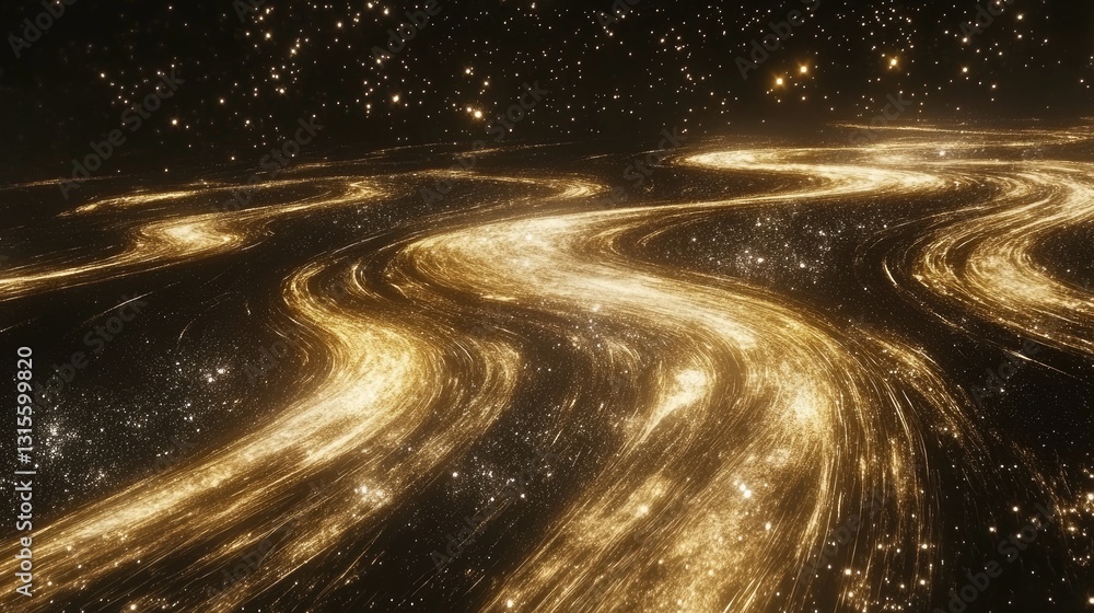 Poster stunning image of twinkling stars and flowing golden light creating a cosmic path in the vastness of