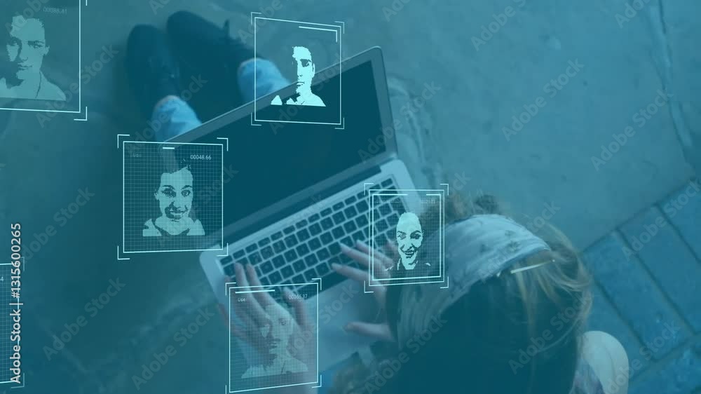 Poster using facial recognition animation, person working on laptop in school setting