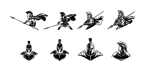 Spartan Warrior Icon Set - Black and White Vector Illustration Collection