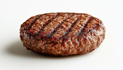 Juicy grilled burger patty on white background highlighting perfectly seared texture and succulent freshness