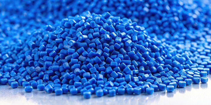Close up of blue polypropylene granules on a table, isolated background, polypropylene, packaging ,  polypropylene