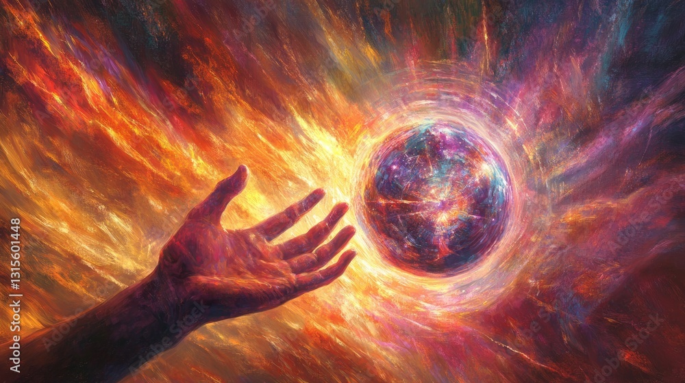 Poster an artistic representation of a cosmic scene with a hand reaching for a colorful celestial sphere in