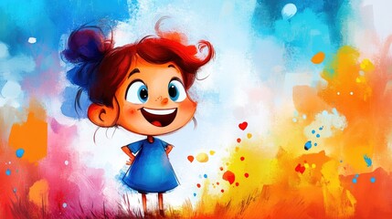 A cheerful girl stands confidently in a splash of vivid colors, emanating joy and playfulness, ideal for inspiring creativity in children